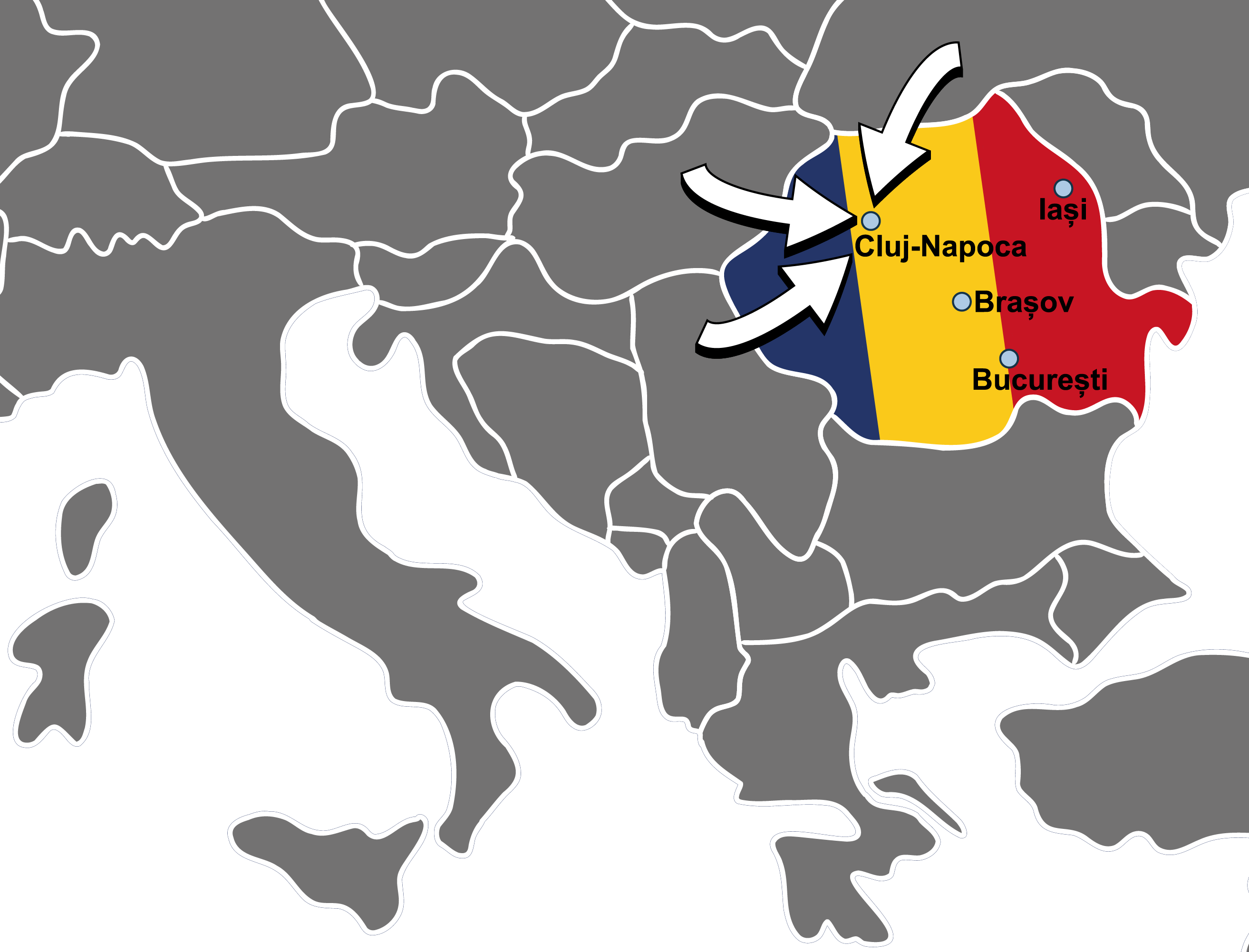 europe map graphic with arrows pointing to Cluj-Napoca, Romania